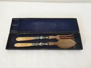 Anciens Couverts à salade en corne + métal argenté dans leur écrin - Bild 1 von 9