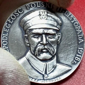 1985 POLAND 1918 POLISH INDEPENDENCE PILSUDSKI BRONZE SILVER PLATED MEDAL WARSAW - Picture 1 of 6