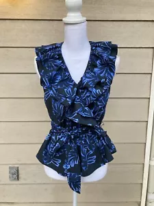 Neu mit Etikett Who What Wear ärmelloses Top SMALL Faux Wickeloptik Schößchen Gürtel blau Blumen Damen - Bild 1 von 7
