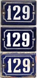 Cute old blue French house number 129 door gate wall enamel street sign plaque - Picture 1 of 4