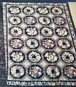 FLORAL GEOMETRIC PANEL NADELSPITZE AUBUSSON WOLLE TEPPICH BLUMEN SCHWARZ & ELFENBEIN 6 X 9 - Bild 1 von 12
