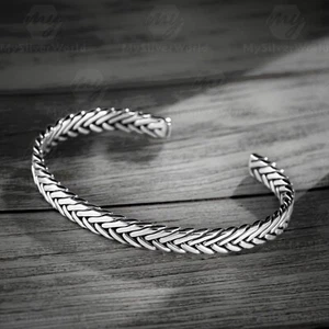 925 Sterling Silver Twisted Design Turkish Handmade Men Cuff Bracelet Adjustable - Picture 1 of 4