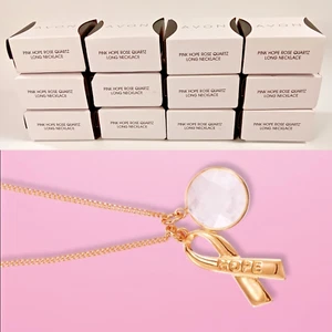 12 AVON Breast Cancer Pink Hope Rose Quartz Long Necklaces Goldtone - NEW, Boxed - Picture 1 of 3