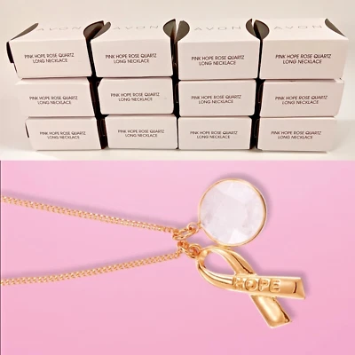 12 AVON Breast Cancer Pink Hope Rose Quartz Long Necklaces Goldtone - NEW, Boxed - Image 1 of 3