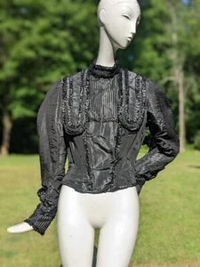 GOTHIC VICTORIAN BLACK SILK TAFFETA BODICE W PLEATS + BOX PLEAT RUFFLES - Picture 1 of 8