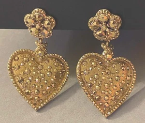 Rare JOSE & MARIA BARRERA Heart Shape Gold Rhinestone Clip Earrings 2.75" Mint - Picture 1 of 6