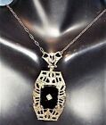 1920 Edwardian Onyx Lavalier w/ DIAMOND in Point Marked Sterling Filigree Etched