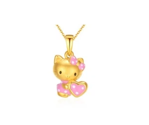 Gold Titanium Pink Dot Love Heart 3D Hello Kitty Cat Pendant Chain Necklace - Picture 1 of 4