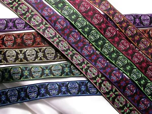 Sugar Skulls Jacquard Ribbon 1" (25mm) choice 12 colors polyester 3 Yards & up - Picture 1 of 24