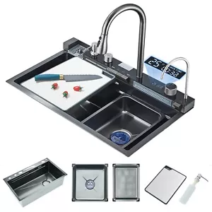 Küchenspüle Wasserfallspüle mit versenkbarem Wasserhahn Edelstahl SpülbeckenSet - Bild 1 von 14