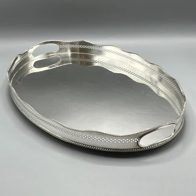 Antico piatto argento vintage galleria vassoio servizio manici cocktail bevande maggiordomo - Immagine 1 di 4