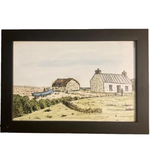 Ink And Watercolor English Cottage And Fishing Boat On The Seashore. In Frame - Picture 1 of 4