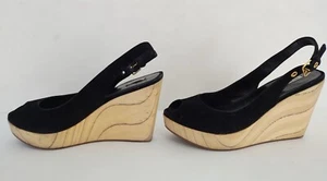 MIU MIU 360916 Black Suede Wood Wedge Heel Peeptoe Sandals SZ EU39 - Picture 1 of 6