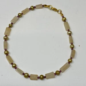 Handmade Beaded Anklet Honey Quartz Gold Freshwater Pearls and Tiny Garnet Beads - Picture 1 of 5