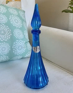 Vintage Empoli Rossini blau gerippt Glas Karaffe Geist Flasche Italien Aufkleber MCM 11" - Bild 1 von 7