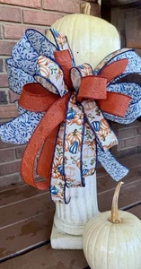 FALL PUMPKIN BOW for GRAPEVINE DOOR WREATH SWAG GARLAND MAIL FENCE - Picture 1 of 10