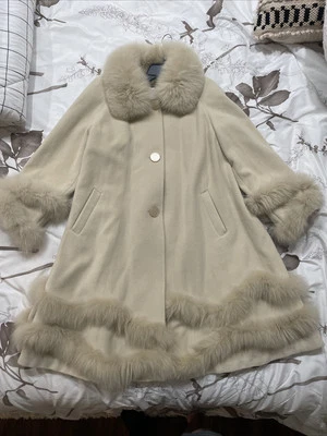 Vtg Overland Coat Cashmere Wool Angora Fur Trim Cream Size Small - Image 1 of 4