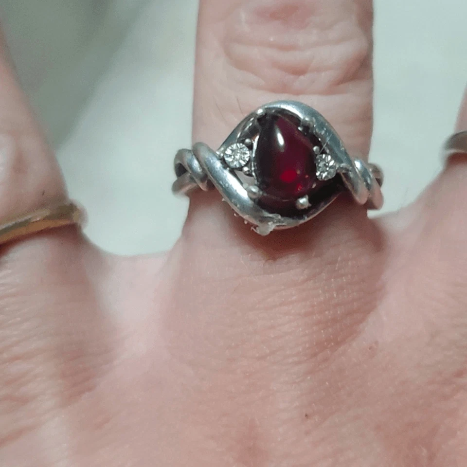 Vintage Natural Garnet Diamond Ring Sterling Silver size 7 - Image 1 of 4
