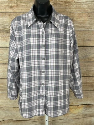 LL Bean Womens Sz Medium Fleece Shacket Flannel Purple Gray Plaid Button Up - Image 1 of 4