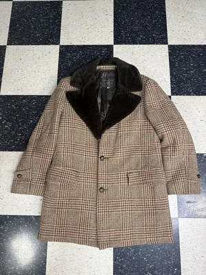 Vintage Casualcraft Wool Coat Mens 38 M Tweed Houndstooth Coat Shearling 70s - Image 1 of 4
