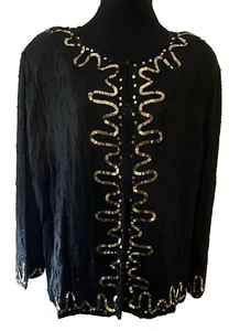 Giacca vintage seta nera oro perline paillettes oro sera crociera glam India 1X - Foto 1 di 8