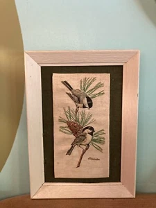 Vintage Burlap Painted Puffy Chickadees Framed Wall Art Farmhouse Bird Lover - Picture 1 of 11