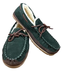 LL Bean Mens Slippers Wicked Good Green Brown Suede Shearling Moccasin  Size 9 M - Picture 1 of 13