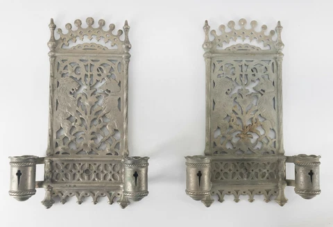 Antique Pair Gray Pewter Metal Gothic Revival Candle Wall Sconces Lion Unicorn Cover