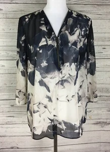 Robert Rodriguez Women's Multicolor Floral Sheer Zip V-Neck 3/4 Sleeve Blouse L - Picture 1 of 11