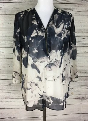 Blusa para mujer Robert Rodriguez multicolor floral transparente cremallera cuello en V manga 3/4 L Foto 1 de 4