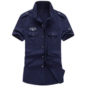 Men' Short Sleeve Cargo Casual T-shirts Military Shirt Double Pockets Button Top - Picture 1 of 9