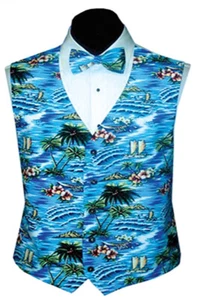 Men's Ocean Blue Tropical Island Vest and Bow Tie - Picture 1 of 1