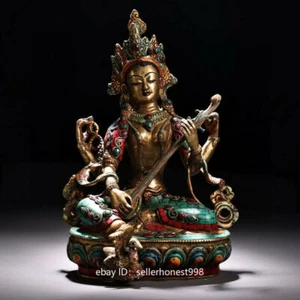 Tibet Copper Inlay Turquoise Coral Gem sarasvati Yangchenma Kwan-Yin Statue - Picture 1 of 9