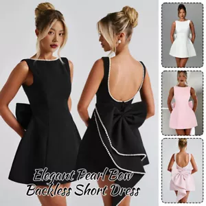Elegante Mini Vestido Corto Sin Mangas Sin Espalda con Lazo de Perlas para Mujer Fiesta Elegante - Imagen 1 de 21