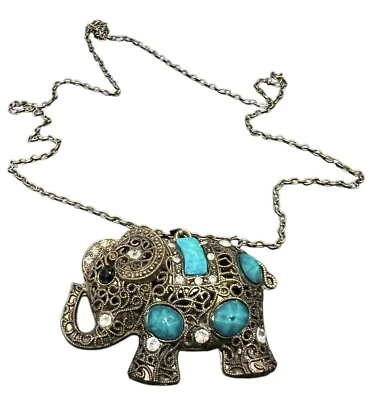 Collar de cadena larga colgante elefante estrás esmalte azul tono cobre de colección Foto 1 de 4