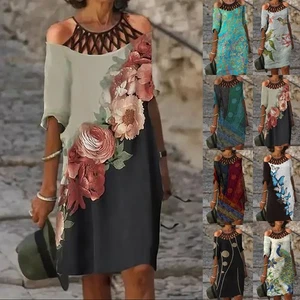 Womens Boho Ladies Floral Cold Shoulder Mini Dress Summer Short Sleeve Party - Picture 1 of 10