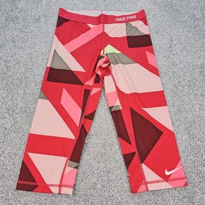 Nike Pro Pants Womens Medium Red Pink Athletic Leggings Running Gym Logo Capri - Picture 1 of 5