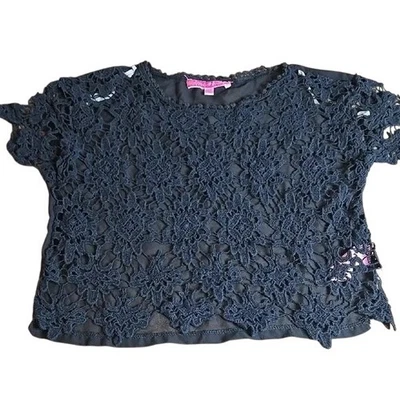 Derek Heart Lace and Mesh Short Sleeve Shirt, Black, Juniors Size Medium - Image 1 of 4