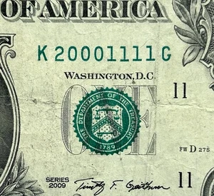 20001111 - Fancy Low Serial - 2009 $1 Bill Federal Reserve Note - Picture 1 of 3