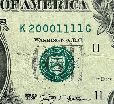 20001111 - Fancy Low Serial - 2009 $1 Bill Federal Reserve Note - Image 1 of 3