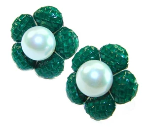 925 Sterling Silber grüne Perlen Ohrringe Handarbeit Blumenform 18,5 g - Bild 1 von 4