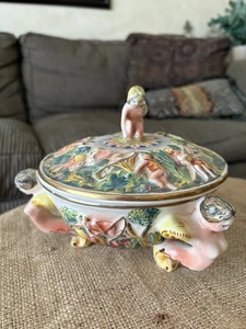 Vintage Italy Capodimonte Round Lid Bowl Nude Cherub Lady Handles Porcelain - Picture 1 of 20