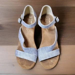 Toms Sandals Clarissa Cork Wedge Shoes Blue Denim Womens Size 8 W - Picture 1 of 10