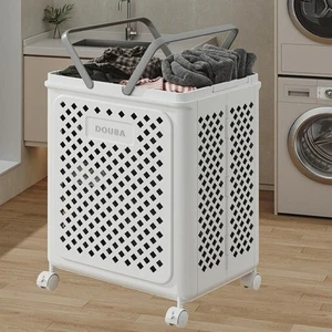 Collapsible Laundry Basket with Wheels & Handle Plastic Foldable Laundry Hamper - Picture 1 of 12