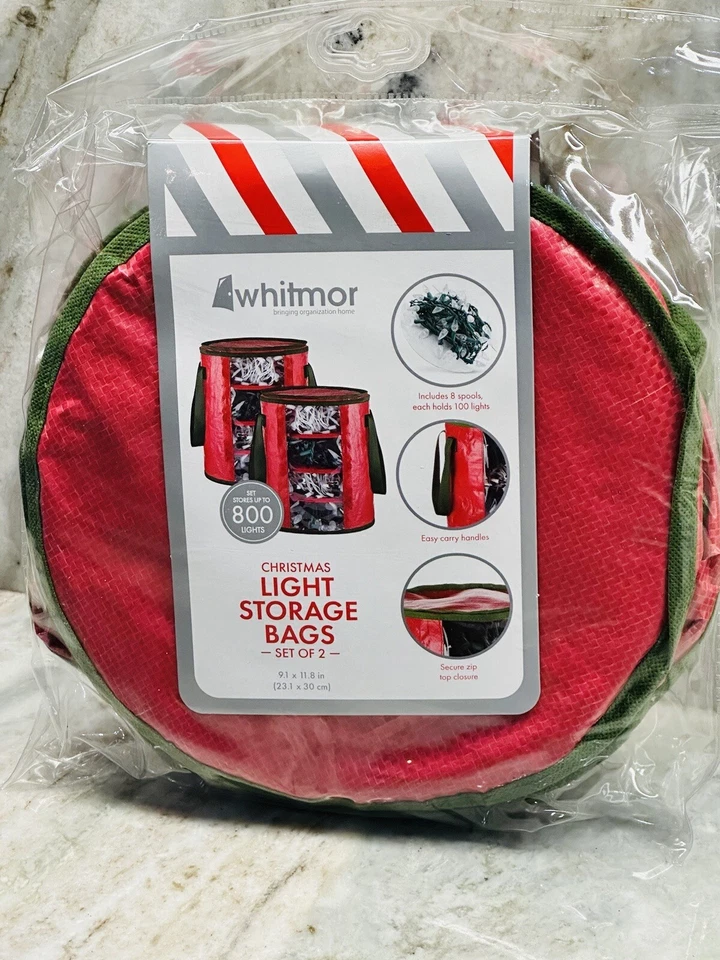 Whitmor Christmas Light Storage Set Of 2 Bags 9.1x11.8" Up To 800 Lights Storage