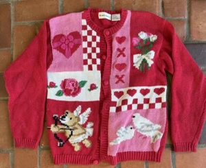 Alexandra Bartlett Small Pink Red Kitchi Valentines Button Up Rare Cardigan - Picture 1 of 7