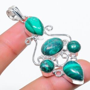 Green Malachite Gemstone 925 Sterling Silver Jewelry Pendant Size 2.80"