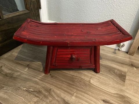 Vintage Red Chinese Bamboo Bench/Stool With One Drawer Cover