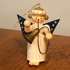 Vtg Antique Wooden Painted Christmas Ornament Angel playing Tuba Horn