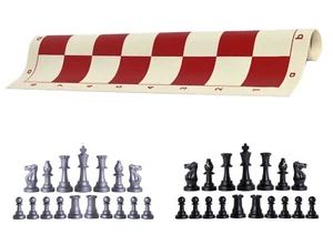 Silver & Black Chess Pieces 20" Red Vinyl Board - Single Weight Chess Set - Picture 1 of 4